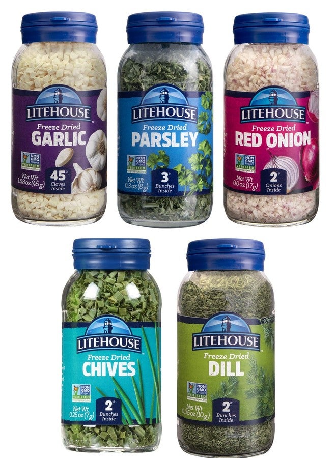 Litehouse Freeze-Dried Herbs Variety Gift Set, (Garlic, Parsley, Red Onion, Chives, Dill) - Gluten-Free, Keto Friendly, Non-GMO, Organic Spice - 5-Pack - Image 1